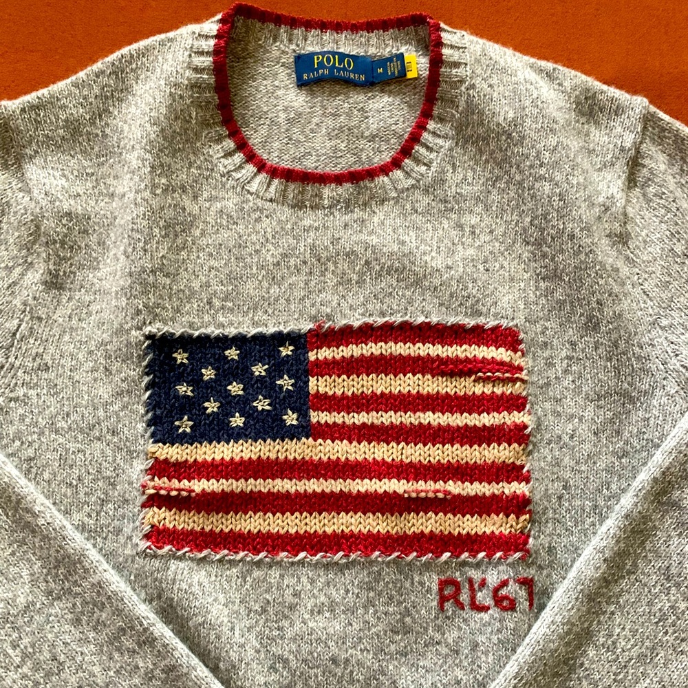 POLO RALPH LAUREN Men's Grey Marled USA Flag Sweater